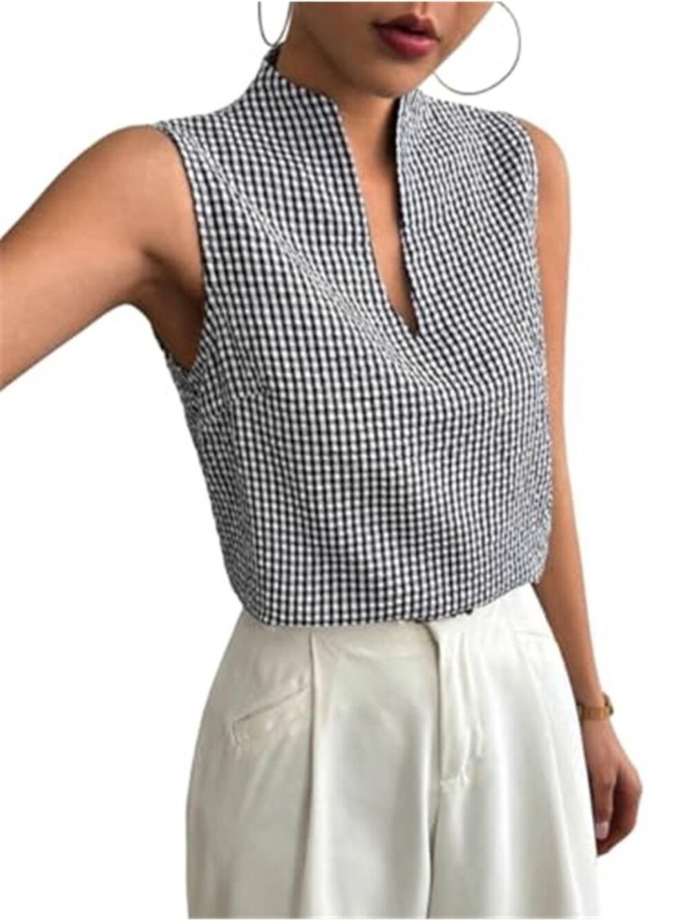 Women's Deep V Neck Black & White Sleeveless Work Tops Tank Tops Blouse